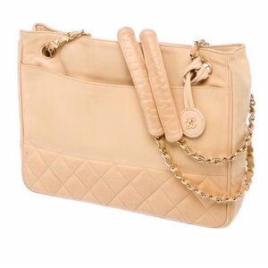 Chanel Cream Lambskin Quilted Shopping Tote Bag 24K Gold
